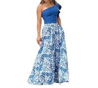 Osheoiso Elégante Ensemble Femme Sexy Débardeur Chic de 2 Pcs Crop Top A-Line Jupe Trapèze Taille Haute Vintage Jupe Longue Casual Floreale Bohème Jupe pour Été D Bleu M