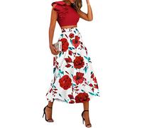 Osheoiso Elégante Ensemble Femme Sexy Débardeur Chic de 2 Pcs Crop Top A-Line Jupe Trapèze Taille Haute Vintage Jupe Longue Casual Floreale Bohème Jupe pour Été A Vin Rouge S