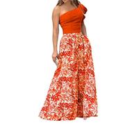 Osheoiso Elégante Ensemble Femme Sexy Débardeur Chic de 2 Pcs Crop Top A-Line Jupe Trapèze Taille Haute Vintage Jupe Longue Casual Floreale Bohème Jupe pour Été D Orange M