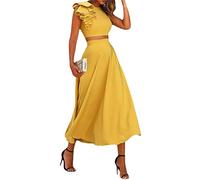 Osheoiso Elégante Ensemble Femme Sexy Débardeur Chic de 2 Pcs Crop Top A-Line Jupe Trapèze Taille Haute Vintage Jupe Longue Casual Floreale Bohème Jupe pour Été A Gelb S