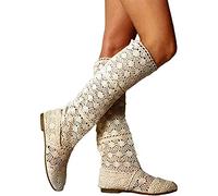 Osheoiso Femme Été Bottes Plate Chaussures Élégant Respirant Gladiateur Broderie Slip-on Chaussures Mode Engrener Haute Bottes 35-41 Beige 38 EU