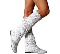 Osheoiso Femme Été Bottes Plate Creux Dentelle Chaussures Élégant Respirant Gladiateur Broderie Slip-on Chaussures Mode Engrener Haute Bottes Blanc 36 EU