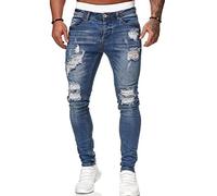 Osheoiso Jean Troué Homme Style Hip Hop Détruit Trou Pantalon en Denim Extensible Couleur Unie Jeans Trou Cassé Streetwear Jeans Moulants Trekking Cargo Vintag A Bleu 3XL