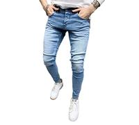 Osheoiso Jean Troué Homme Style Hip Hop Détruit Trou Pantalon en Denim Extensible Couleur Unie Jeans Trou Cassé Streetwear Jeans Moulants Trekking Cargo Mode B Bleu Clair M