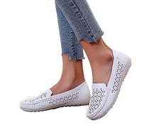 Osheoiso Mocassins Femme Vintage Cuir Chaussures Casual Plates Bateau Chaussures Loafers Elegant Léger Confort Chaussures De Conduite pour Printemps Été B Blanc 37 EU