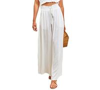 Osheoiso Pantalon Chic Ample Yoga Fitness Pantalon en Lin Taille Haute Vintage Pantalon Loungewear Large Palazzo Jambes Jupe Culotte Business Pantalon pour Femme A Blanc L