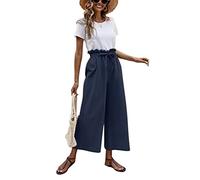 Osheoiso Pantalon Chic Ample Yoga Fitness Pantalon Taille Haute Vintage Pantalon de Plage Loungewear Large Palazzo Jambes Jupe Culotte Eté Business Pantalon pour Femme A Bleu Foncé S