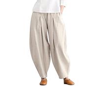 Osheoiso Pantalon Chic Femme Pantalon Couleur Unie Elastiqué Taille Elastique Pantalon Grande Taille Casual Pantalon en Lin Léger Élastique Culotte Bouffante pour Eté A Abricot XXL