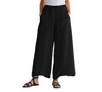 Osheoiso Pantalon Femme Élégant Pantalon Couleur Unie Taille Elastique Grande Taille Casual Pantalon en Coton et Lin Léger Élastique Culotte Bouffante pour Eté C Noir L
