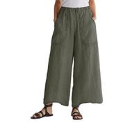 Osheoiso Pantalon Femme Élégant Pantalon Couleur Unie Taille Elastique Grande Taille Casual Pantalon en Coton et Lin Léger Élastique Culotte Bouffante pour Eté C Armée Verte L