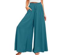 Osheoiso Pantalon Fluide Femme Été Chic Ample Yoga Fitness Pantalon en Lin Taille Haute Vintage Pantalon Large Palazzo Jambes Jupe Culotte Business Pantalon A Bleu Paon M