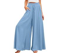 Osheoiso Pantalon Fluide Femme Été Chic Ample Yoga Fitness Pantalon en Lin Taille Haute Vintage Pantalon Large Palazzo Jambes Jupe Culotte Business Pantalon A Bleu Clair S