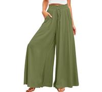 Osheoiso Pantalon Fluide Femme Été Chic Ample Yoga Fitness Pantalon en Lin Taille Haute Vintage Pantalon Large Palazzo Jambes Jupe Culotte Business Pantalon A Armée Verte L