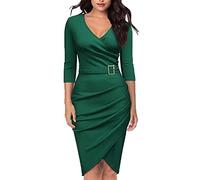 Osheoiso Robe de Soirée col en V Couleur Unie pour Femme Robe Crayon de Cocktail Longueur Genoux Robe Affaires Manches Longue Midi Robe pour Printemps