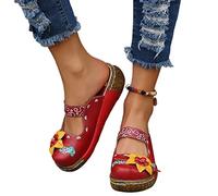 Osheoiso Sabots Femme Sandales Chaussures Compensées Clogs Mules Plateforme Sandales en Cuir Été Fille Vintage Pantoufles Chaussures Confort pour Pieds Larges