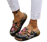 Osheoiso Sandales Chaussures Plateforme Plate Femme Sandales Été Vintage Sabots Chaussures Casual Fille Chaussures De Plage Bout Fermé Pantoufles en Liège C Noir 38 EU