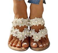 Osheoiso Sandales Femme Plates Été Plage Vacances Fleur Chic Perle à Bout Ouvert Tongs Confortable Sandales B Blanc 38 EU