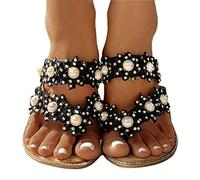 Osheoiso Sandales Femme Plates Été Plage Vacances Fleur Chic Perle à Bout Ouvert Tongs Confortable Sandales B Noir 39 EU