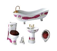 Oshhni 5 Pièces 1/12 Échelle Dollhouse Accessoires Ensemble de Salle de Bain DIY Scène Accessoires Miniature Lavabo pour Salle de Bains Toilette Toilette, blanc et rouge