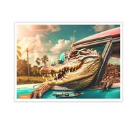 OSHIONARTE Art drôle sur toile d’alligator Décor murale Peintures rétro américaines de vacances Affiches Crocodile portant des lunettes de soleil Image pour la pièce 70x91cm Sans cadre