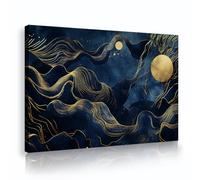 OSHIONARTE Art mural abstrait Bleu marine et or Tableau de lune Décoration murale du salon Lignes ondulées modernes Peinture Gravures sur toile pour la chambre 40x60cm Cadre intérieur