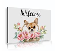 OSHIONARTE Art mural en toile de pivoines et de chiots Animaux modernes mignons Bienvenue Affiche encadrée pour la chambre Décoration du salon 80x120cm