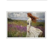 OSHIONARTE Art mural en toile Femme élégante en robe blanche debout près de la robe Ocean Fleur Champ de toile imprimé Photos vintage Décoration murale 55x83cm Sans cadre