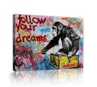 OSHIONARTE Art mural graffiti Singe Suivez vos rêves Impression sur toile Art pop contemporain Urban Street Art décoration murale pour chambre prêt à être accroché45x68cm Cadre intérieur