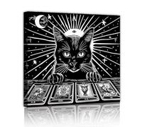 OSHIONARTE Chat noir Tarot Art mural Style gothique Preppy Décoration murale Divination mystique Chat étiré et encadré Art gi pour la chambre 80x80cm Structure interne