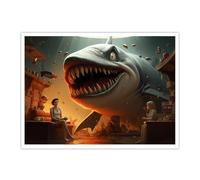 OSHIONARTE Illustration murale surréaliste d’un grand requin blanc sautant du mur affiche créative Fantasy Vie marine Image pour salle de jeu 35x45cm sans cadre