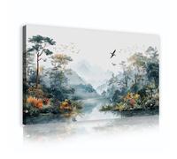 OSHIONARTE Tableau de végétation tropicale Montagnes brumeuses Art mural pour salon Forêt primitive Paysage Peinture sur toile Œuvre d’art Décoration intérieure 73x125cm