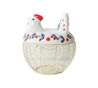 oskas Support pour œufs de poule, panier de rangement pour œufs frais, couvercle décoratif en céramique avec panier métallique, peut contenir 2 douzaines d'œufs, blanc 3