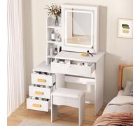 OSKOPWRC Bureau de Coiffeuse avec Miroir éclairé Coulissant, Table de Maquillage avec 4 tiroirs et Rangement caché, Coiffeuse de Chambre à Coucher, Cadeau pour Femme et Fille Blanc