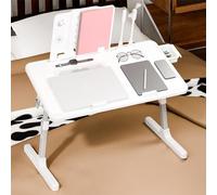 OSKOPWRC Table pliable pour ordinateur portable, table de lit avec hauteur et angle réglables, support pour ordinateur portable avec arrêt, ventilateur USB, petite lampe, tiroir latéral, support de