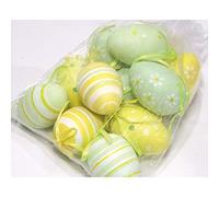 OSMA Werm GmbH Lot de 8 Magnifiques œufs de Pâques en Plastique - 6 cm - avec Motif - Couleurs Pastel - avec Cordon de Suspension - dans Un Sac en Organza.
