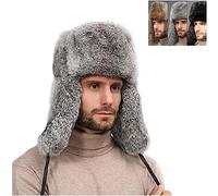 OSMARI Chaleur d'hiver pour Hommes Chapeau d'aviateur en Vraie Fourrure de Lapin Coupe-Vent Chapeau de Trappeur Russe Ushanka Hats. (L, Gris)