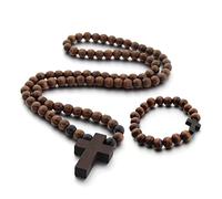 OSNIYAW Crucifix Jésus Bois Collier Pendentif pour Hommes Perles En Bois Sculpté Long Chapelet Catholique Colliers Mâle Juif Croix Pendentif