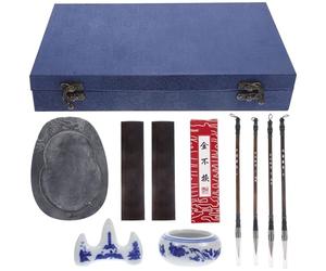OSOLADY Ensemble Calligraphie Chinoise 10 Pièces Pinceaux D’écriture Professionnels, Pierre à Encre Portable Lisse, Coffret Bleu Traditionnel pour Étudiants et Artistes Débutants