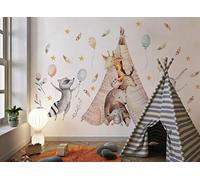 Osomhome de stickers muraux animaux de la forêt I Plume étoiles lapin raton laveur Autocollant pour chambre d'enfant garçon et fille (135 x 85 cm)