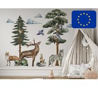 Osomhome FOREST MYSTERY Woodland Sticker mural pour enfants, forêt, animaux de la forêt, arbres, cerf, renard, loup, hiboux, oiseaux, nuages, aquarelle (M) Transparent