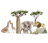 Osomhome Graz Design Sticker mural Motif animaux de la jungle safari, savane, lion, girafe, éléphant, arbres tropicaux pour chambre d'enfant garçon et bébé 180 x 100 cm, m Transparent