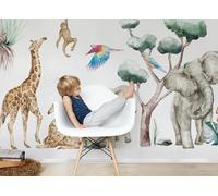Osomhome Savanna Spirit L Stickers muraux pour enfants, safari, savane, girafe, guépard, singes, tigre, éléphant, arbres, aquarelle (os4052)