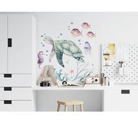Osomhome | Sticker mural chambre enfant | Autocollant mural chambre bébé | Décoration murale chambre garçon fille auto-adhésif | Tortue, océan, récif corallien (Tortue, M)