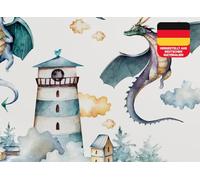 Osomhome Stickers Muraux Enfants: Dragon & Phare (140x100cm) - Autocollant Mural - Decoration Chambre Bebe - Deco Chambre Enfant Fille & Garcon os9601