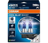 OSRAM COOL BLUE® BOOST, H11, lampes de phares halogènes, jusqu'à 5 500 K, coffre pliable suspendu (2 lampes), utilisation tout-terrain uniquement