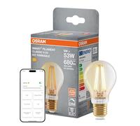 Osram Lampe LED SMART+, A53, 6 W, 2 400 K, E27, en forme d'ampoule, à filament, dorée, à intensité variable, contrôlable via application ou voix, compatible avec les systèmes Matter