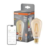 Osram Lampe LED SMART+, E53, 6 W, 2 400 K, E27, Edison, Filament, Or, intensité variable, contrôlable via application ou assistant vocal, compatible Matter