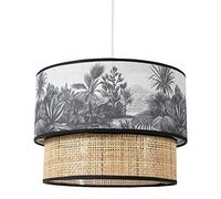 Ostaria 33431 Suspension Ronde Gigogne bi-matière en Rotin et Tissu Imprimé Jungle, Aluminium, 60 W, Noir et Blanc, D35xH26cm