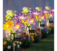 Ostritec Solar Garden Lights Outdoor, 4 Pack Solar Flower Lights pour l'extérieur, 16 lys solaires avec Papillons, décor de Jardin imperméable pour la Cour, Le Patio, Le Chemin, la Cour, Les