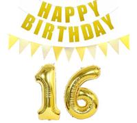 ot de 2 ballons en forme de chiffre 16 doré + guirlande Happy Birthday + bannière dorée pour 16ème anniversaire de jeune fille 16 ans Décoration d'anniversaire